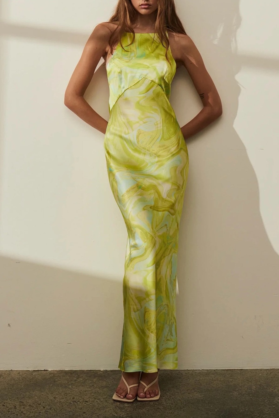 Ginia Gaia Maxi Dress in Lime Swirl Abstract Print Green Blue Size Large Womens